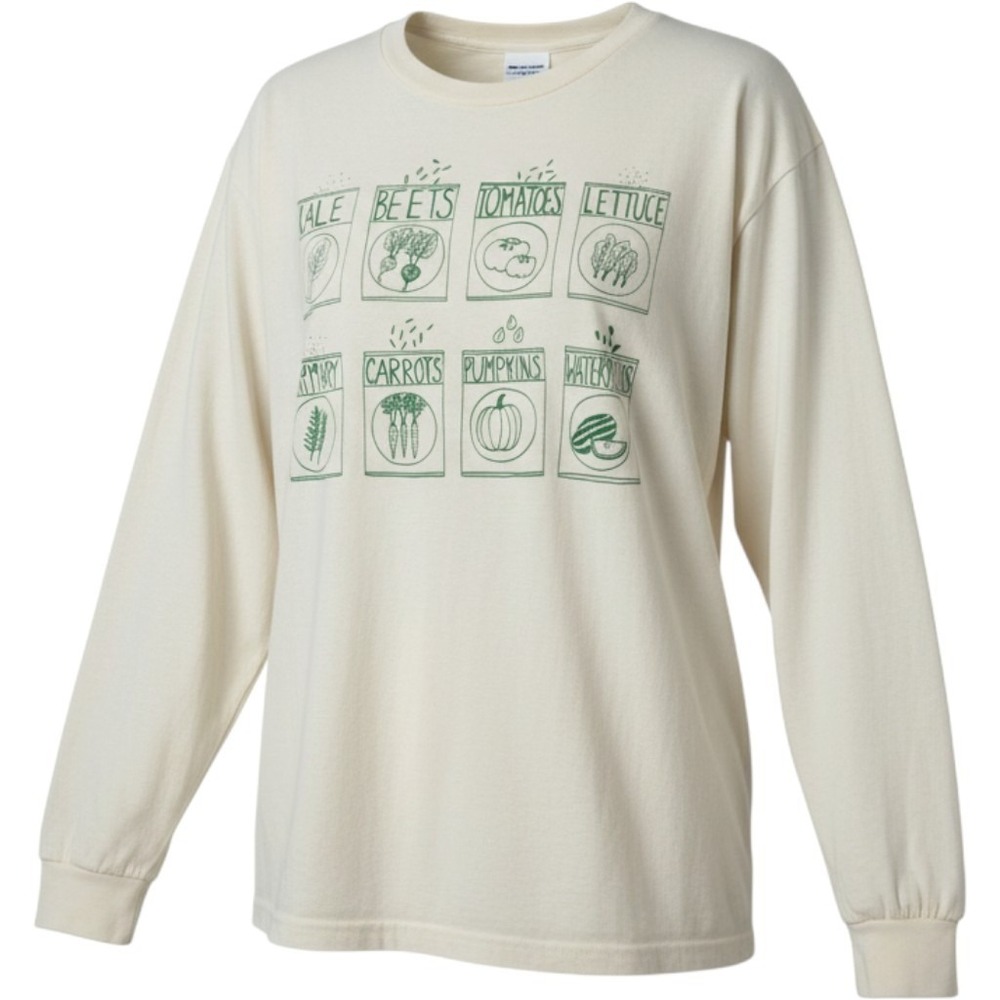 Cream Long Sleeve T-Shirt Vegetable Seed Packet Print Garden Kale Beets Sz Large
